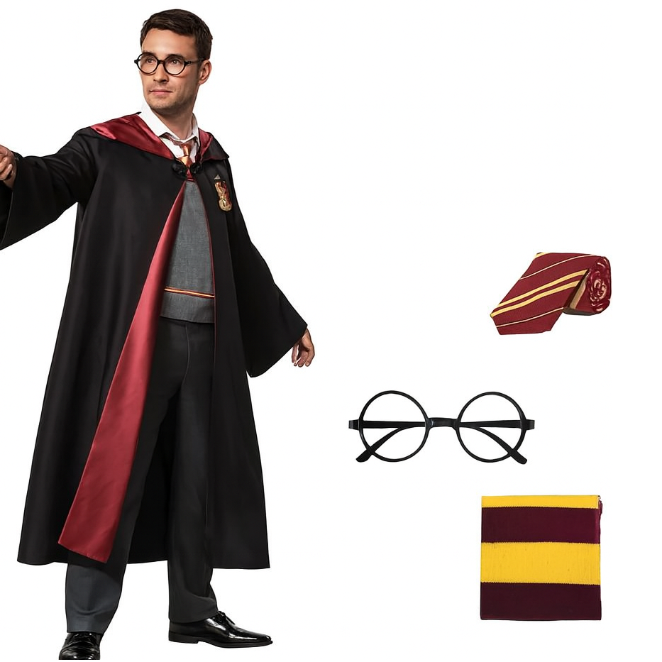 Person in a Harry Potter costume with a wand, hat, glasses, and scarf on a white background